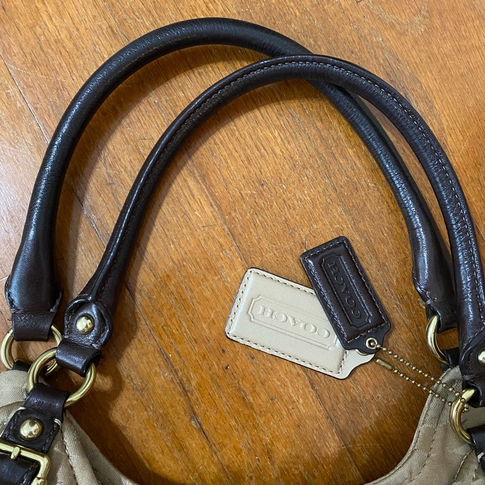 Tan Coach “C” pattern Purse - Picture 3 of 12